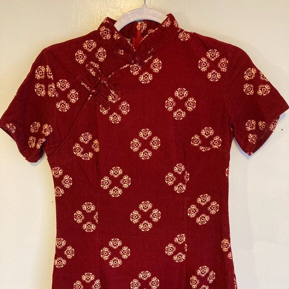 Burgundy Qipao Cheongsam Dress Corded Cotton Asian Y2K Small - Picture 2 of 12